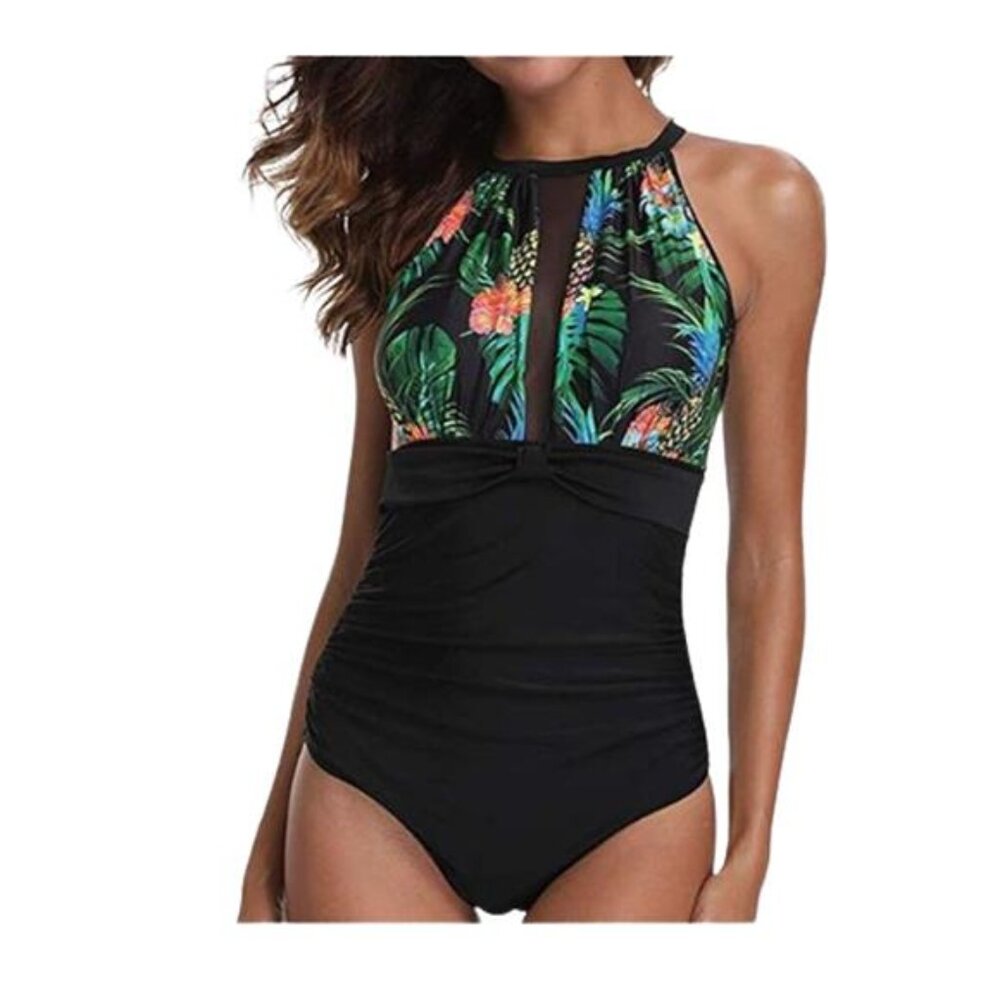 NEW Hawaiian Print One Piece Swimsuit High Neck Mesh Plunge Ruched Women's L, XL